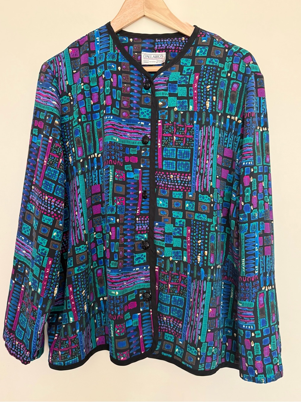 Vintage 80s D’Allairds Abstract Blazer Blouse Royal Blue Teal Purple L Colourful